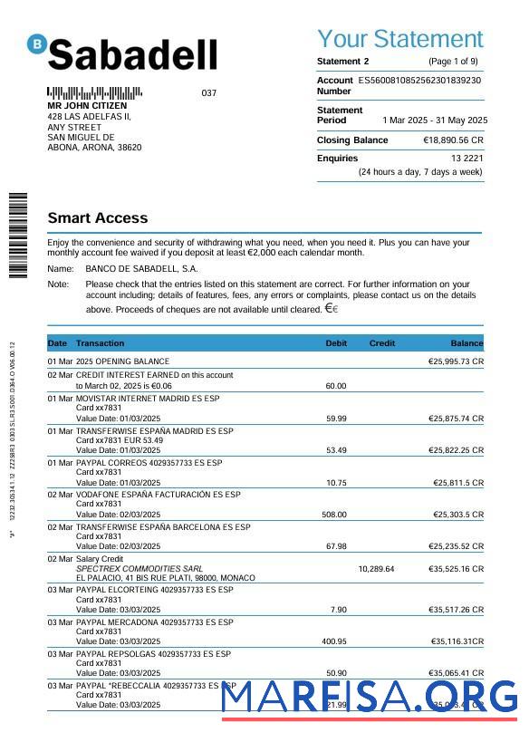 Printable Spain Sabadell bank statement 3 month word 9 pages example